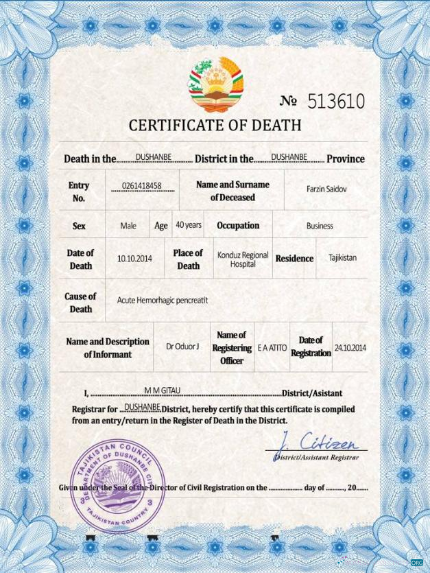 Download Tajikistan vital record death certificate PSD template Photoshop template